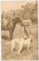 1916 K.u.K. katona lovával és kutyákkal / K.u.K. soldier with his horse and dogs, greyhounds, photo (lyuk / pinhole)