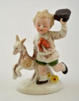 Kisfiú kecskével, kézzel festett német porcelán figura, jelzett, hibátlan, m: 11 cm