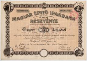 Budapest 1923. "Magyar Épitő Iparbank" huszonöt darab részvénye összesen 5000K-ról, bélyeg...