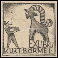 Michel Fingesten (1884-1943): Ex libris Kurt Börmel. Rézkarc, papír, jelzett a karcon, 10×10 cm