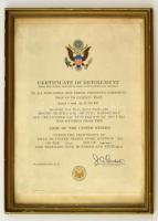 1963 Nyugdíjazási oklevél, J. G. Lambertnek az USA vezérörnagyának aláírásával, üvegezett fa keretben,43x33 cm./ 1963 Certificate of retirement, with signature of J. G. Lambert major general of USA, in wooden frame with glass, 43x33 cm.