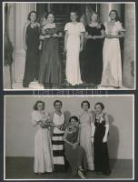 1935 Budapest, báli ruhák divatja, 5 db pecséttel jelzett, feliratozott vintage fotó, 11,5x17 cm