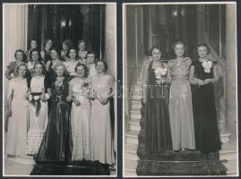 1935 Budapest, báli ruhák divatja, 5 db pecséttel jelzett, feliratozott vintage fotó, 11,5x17 cm