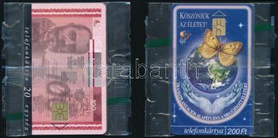 1998-1999 2 db, 100 forint ill. Transzplantációs Alapítvány motívumos telefonkártya, bontatlan csomagolásban