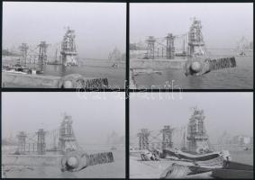 cca 1947 Budapest, a Lánchíd bontása és újjáépítésének kezdete, 8 db vintage negatívról készült mai nagyítás, 9x13 cm