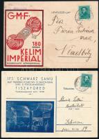 1933-1937 2 db reklámos levelezőlap: Kleim Imperial szőnyegfonal, Ifj. Schwarz Samutiszafüredi kosárfonó- és demyon-üzeme üveg- és porcelán kereskedő, 11x15,5 cm