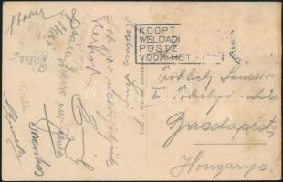 1933 A magyar válogatott tagjainak (Titkos Pál, Markos Imre, Teleki Pál, stb.) aláírásai Hollandiából Fröhlich Sándor labdarúgó részére küldött levelezőlapon
