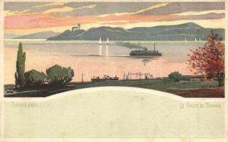 Tihanyi öböl gőzhajóval, hátoldalon Digestol Glück emésztőpor reklám, Bruchsteiner és Fia litho (EK)