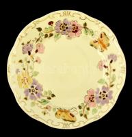 Zsolnay pillangó mintás süteményes készlet, kézzel festett, jelzett, hibátlan, d: 16,5 cm (6×), 25,5...