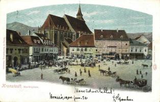 Brassó, Kronstadt, Brasov; Marktplatz, Auto-Chrom Louis Glaser / piac tér, üzletek, Hiemesch kiadása / market square, shops (Rb)