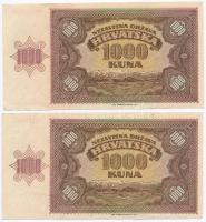 Független Horvát Állam 1941. 1000K (2x) közeli sorszám T:I-,II hajtatlan, egyiken kis szakadások a s...