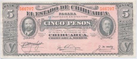 Mexikó / Forradalom / Chihuahua 1915. 5P hátoldalán fekete felülbélyegzés T:II,II- Mexico / Revolution / Chihuahua 1915. 5 Pesos with black stamp on back C:XF,VF Krause S532