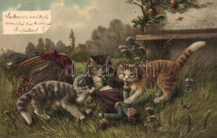 Cats chewing on a doll, litho (EK)