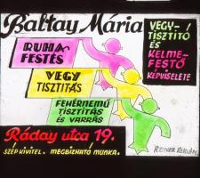 cca 1947 Budapest, kiskereskedők, kisiparosok reklám grafikái, amelyeket mozikban vetítettek, 13 db ...