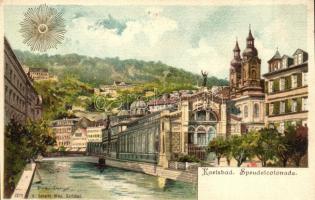 Karlovy Vary, Karlsbad; Mühlbrunn-Colonade, Sprudelcolonade, Westend - 3 pre-1945 unused town-view postcards, villas, canal, A. Seberts Wwe. Nos. 6066, 6067, 6072. litho