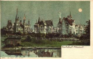 Karlovy Vary, Karlsbad; Mühlbrunn-Colonade, Sprudelcolonade, Westend - 3 pre-1945 unused town-view p...