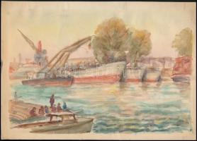 Sostarics Lajos (1896-1968): Újpesti kikötő, akvarell, papír, jelzés nélkül, 21×30 cm