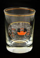 Retró pohárkészlet, 6 db, matricás, jelzés nélkül, az egyik kis csorbával, fém tartóval, d: 4,5 cm +...