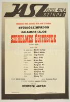 1986 József Attila Színház stúdiószínpadának Szerelmes Égitestek című Galambos Lajos drámájának plakátja, hajtott, szakadt, 69x49 cm