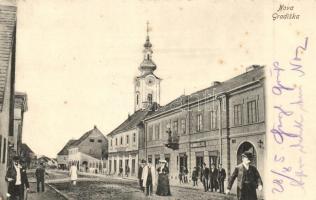 Újgradiska, Nova Gradiska; utcakép, üzletek, M. Bauer kiadása / street view, shops (EK)