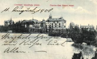 Tátra, Csorba-See Grand Hotel / Csorba-tó az Újszálloda felől, horgászás, Quirsfeld János kiadása / lake, hotel, fishing man (EB)