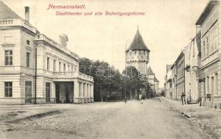 Nagyszeben, Hermannstadt, Sibiu; Stadttheater und alte Befestigungstürme / városi színház, torony, Karl Graef kiadása / theater, tower (EK)