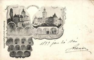 1899 Nagybiccse, Nagy-Bittse, Bytca; Popper Ármin báró várkastélya a tűzvész előtt és után, a kastély fali festményei, Spiegel J. fényképész kiadása / castle of baron before and after the fire, wall paintings, floral Art Nouveau (EK)