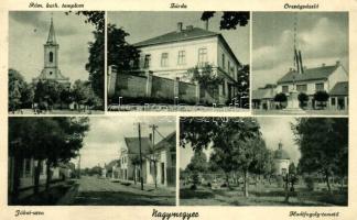 Nagymegyer, Velky Meder; Római katolikus templom, zárda, országzászló, Jókai utca, Hadifogoly temető, Baráth Endre kiadása / church, priory, Hungarian flag, street view, POW cemetery (EK)