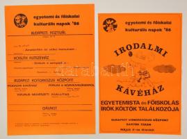 1986 Egyetemi és főiskolai kulturális napok, 2 db plakát, irodalmi kávéház, programműsor, hajtottak, 55x38 és 59,5x41 cm