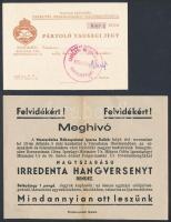 cca 1934 a Magyar Szövetség Ereklyés Országzászló Nagybizottsága pártoló tagsági jegye + meghívó a Mesterdalos Rákospalotai Iparos Dalkör irredenta hangversenyére
