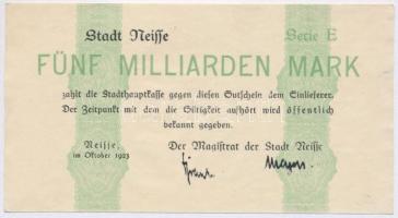 Németország / Weimari Köztársaság / Neisse 1923. 5.000.000.000M szükségpénz T:I-,II Germany / Weimar Republic / Neisse 1923. 5.000.000.000 Mark necessity note C:AU,XF