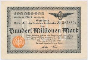 Németország / Weimari Köztársaság / Köln 1923. 100.000.000M szükségpénz T:I-,II Germany / Weimar Republic / Köln 1923. 100.000.000 Mark necessity note C:AU,XF