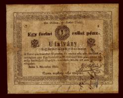 1849. 1G "Almássy bankó" korabeli hamisítvány kézírásos megjegyzésekkel T:restaurált