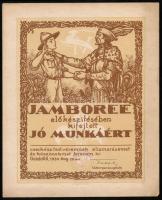 1933 Márton Lajos által tervezett kitöltetlen cserkész elismerő oklevél a gödöllői jamboree előkészítésében kifejtett munkáért, kék táborparancsnoki bélyegzéssel, Teleki Pál táborparancsnok aláírásával /