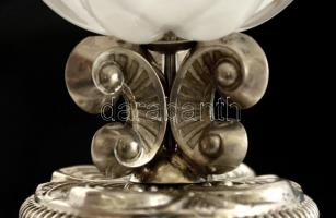 Antik ezüst (Ag.) talpas mini kináló, tetején több rétegű csiszolt tejüveg, kézzel festett, kopott a...