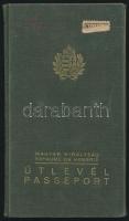 1937-1940 Bp., A Magyar Királyság által kiállított fényképes útlevél, vízművek főmérnökének részére, meghosszabításokkal, 1 db benyomott 2 db ragasztott 50 f. okmánybélyeggel, számos bejegyzéssel.