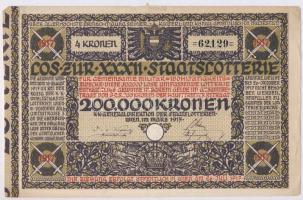 Ausztria / Bécs 1917. XXXII. Staatslotterie lottó sorsjegy 4K értékben, szárapecséttel T:II-,III ragasztott Austria / Wien 1917. XXXII. Staatslotterie lottery ticket about 4 Kronen with embossed stamp C:VF,F sticked