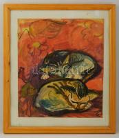Gombosné B. Éva (1957- ): Macskák, akvarell, papír, jelzett, üvegezett fa keretben, 48,5×43 cm