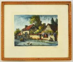 Véder, Eugene-Louis (1876-1936): Barbizon, színezett rézkarc, papír, jelzett, üvegezett fa keretben, 14,5×20,5 cm