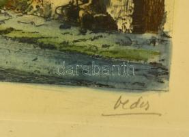 Véder, Eugene-Louis (1876-1936): Barbizon, színezett rézkarc, papír, jelzett, üvegezett fa keretben,...