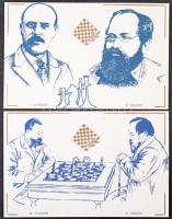 22 db MODERN sakk képeslap világbajnoki páros mérközésekről, saját tokjában / 22 MODERN chess postcards of the World Championship matches in its own case