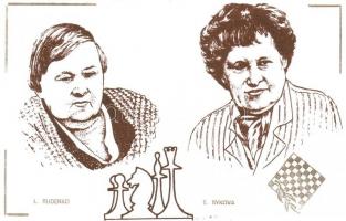 15 db MODERN sakk képeslap a női sakk világbajnoki páros mérkőzésekről, sorozat / 15 MODERN chess po...