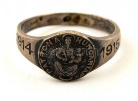 1915 Patrona Hungariae 1914-1915 feliratú ezüst (Ag) emlékgyűrű pesti 750-es tisztaságjelzéssel Wisinger mesterjellel, belül Védve felirattal / World War I silver memorial ring, hallmarked, 2,6gr, size: 52