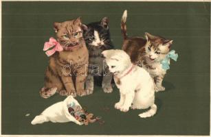 3 db RÉGI macskás motívumlap / 3 pre-1945 cat motive cards, litho