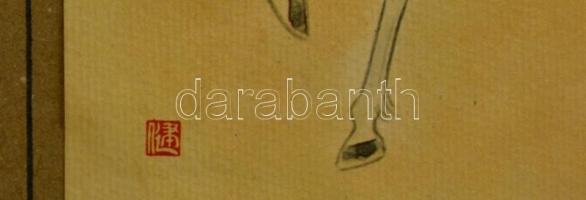 cca 1950 Szamuráj, nyomat üvegezett fa keretben, 15×11,5 cm