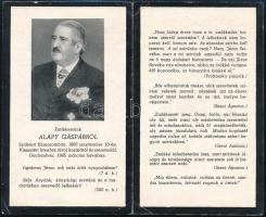 1945 Alapy Gáspár (1880-1945) komáromi polgármester halálozási értesítője, az egyetlen magyarországi polgármester volt, aki felemelte a szavát a zsidótörvények, és a deportálások ellen, később deportálták Dachau-ba, ahol meghalt.