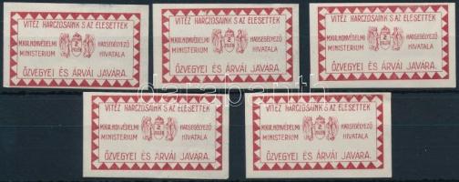 1914-1919. 5 db 2f "M. Kir. Honvédelmi Minisztérium Hadsegélyező Hivatala", "Özvegyei és Árvái Javára"