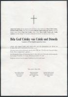 1986 Cziráki és dénesfai gróf Cziráki Béla, egykori ludovikás tiszt halálozási értesítője, német nyelven.