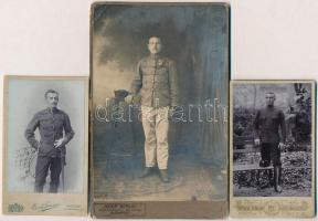 cca 1900-1914 3 db katonákat ábrázoló keményhátú műtermi fotó, 10x6,5 és 16x10 cm