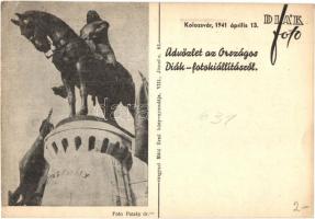 1941 Reflex-Korelle fényképezőgép reklámlap. Hátoldalon a kolozsvári Mátyás király szobor. Országos ...